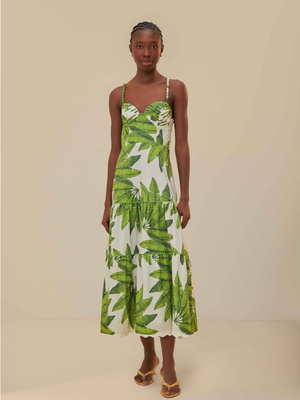 NWT FARM Rio White Midi Dress with Green Leaf Print
